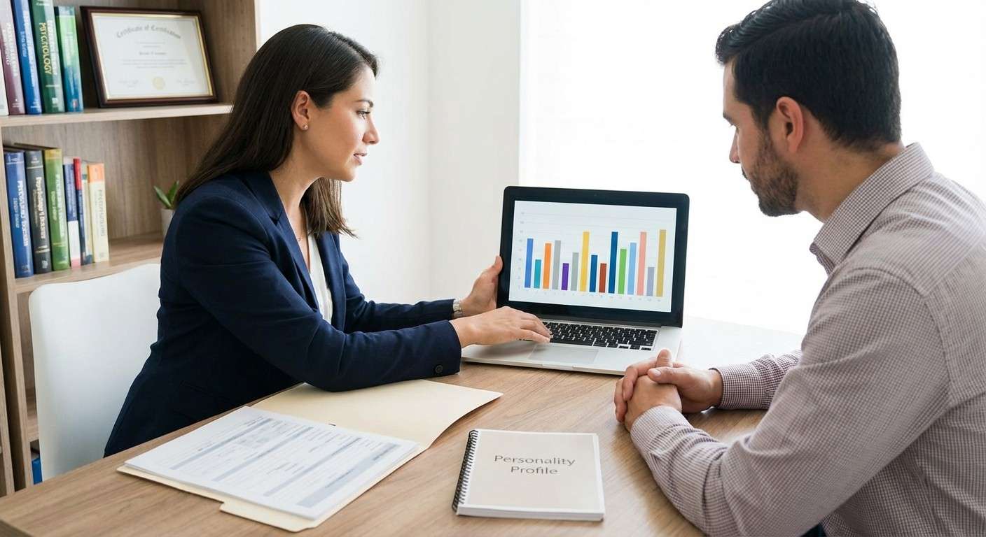 تصویر مفهومی آزمون 16 عاملی کتل که ۱۶ بعد مختلف شخصیت را به صورت یک پروفایل جامع نمایش می‌دهد.