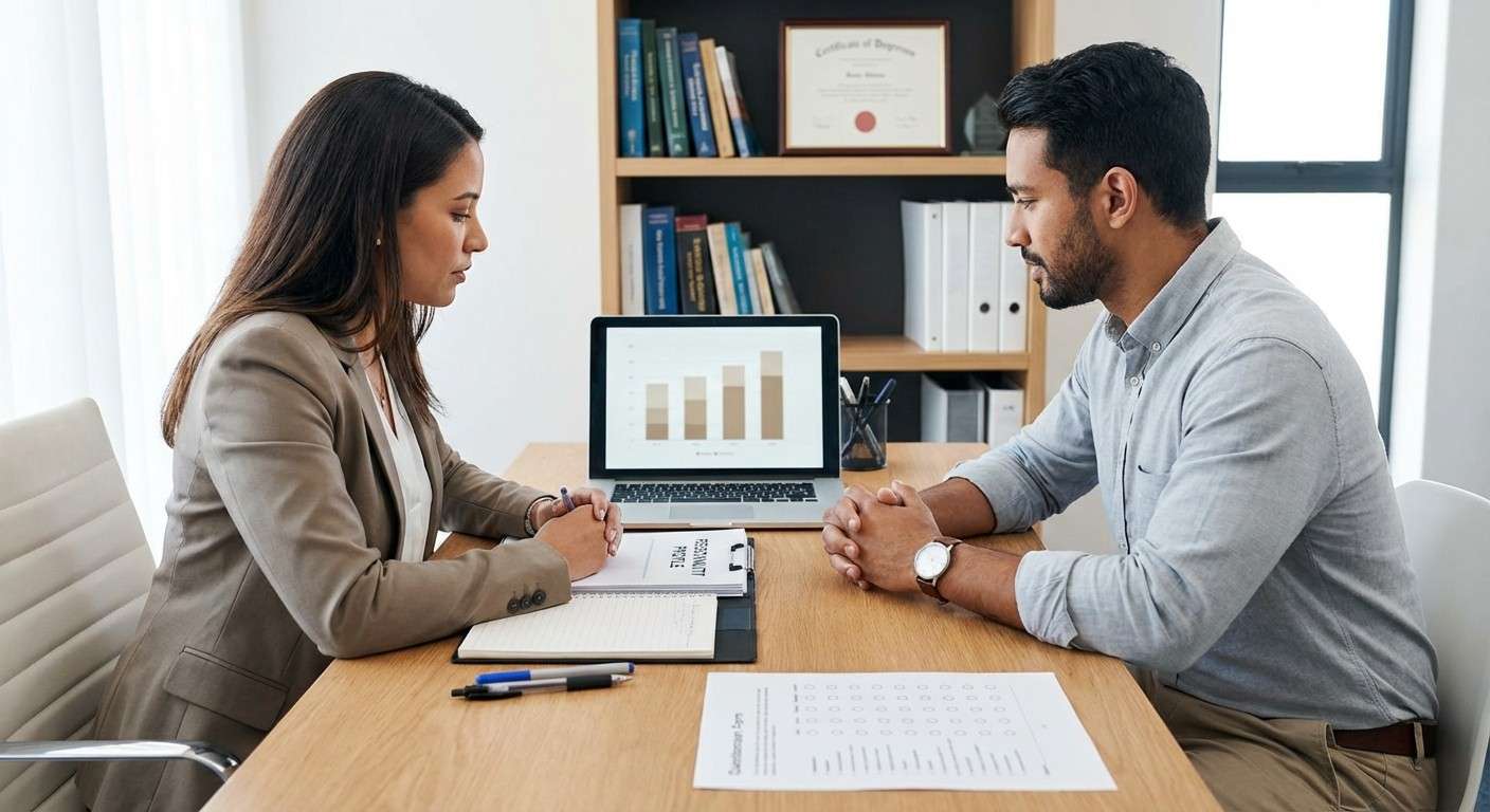 یک مشاور شغلی در حال بررسی نتایج آزمون 16PF با یک فرد جویای کار در یک دفتر حرفه‌ای.