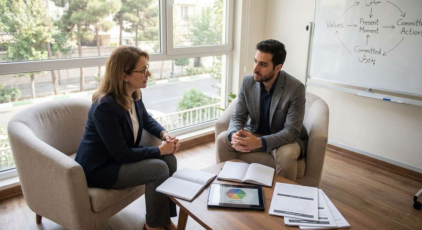 تصویری مفهومی از موج سوم CBT که مفاهیم پذیرش، ذهن‌آگاهی و شفقت را در بر می‌گیرد.