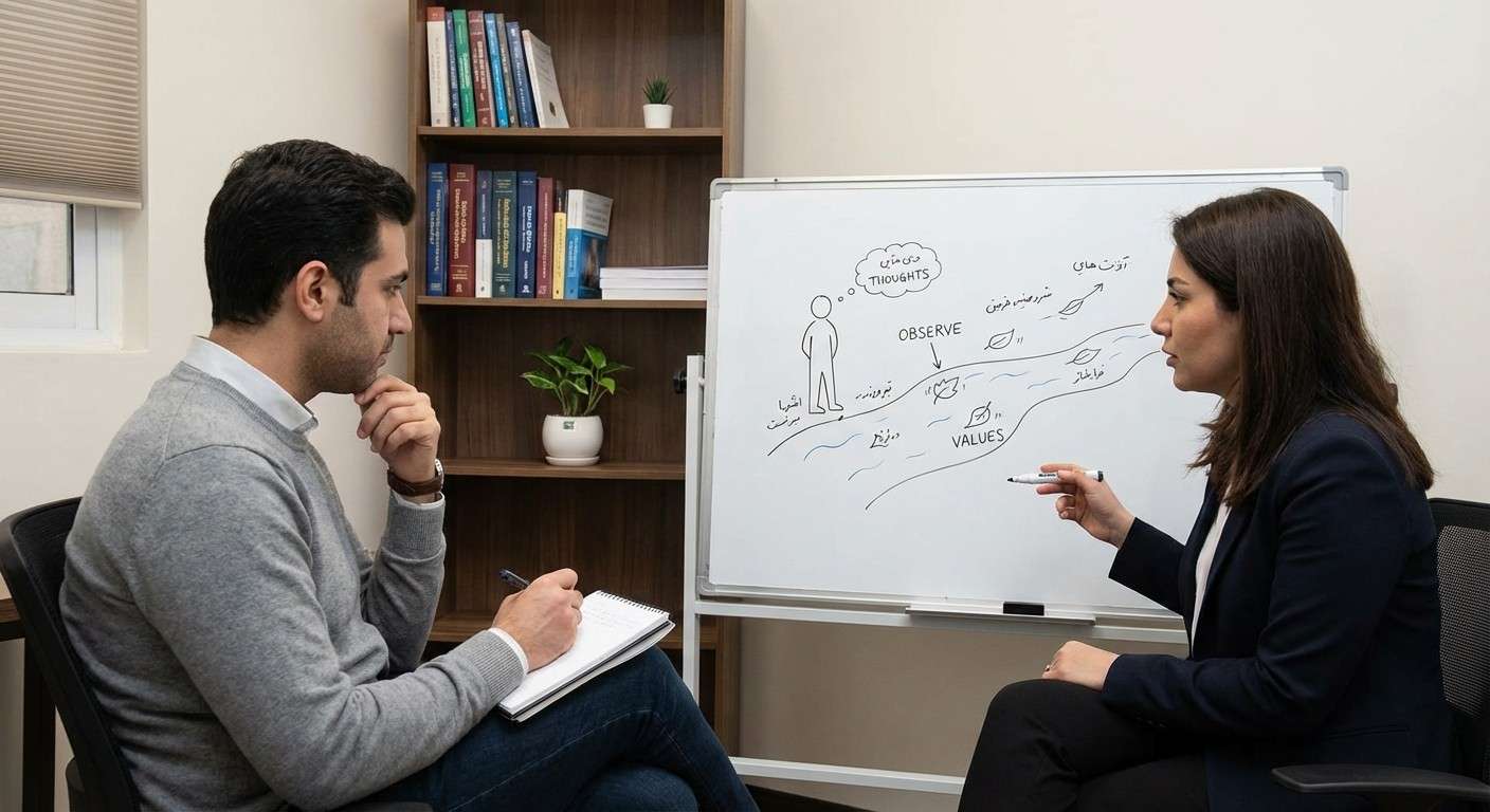 تصویری نمادین از درمان مبتنی بر پذیرش و تعهد (ACT) که فردی را در حال مشاهده افکار خود بدون درگیر شدن با آن‌ها نشان می‌دهد.