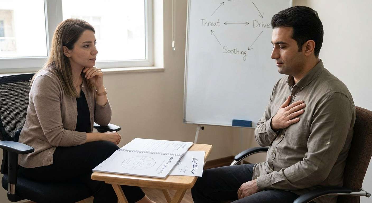 فردی که با مهربانی و شفقت با خود درونی‌اش ارتباط برقرار می‌کند، نمادی از درمان متمرکز بر شفقت (CFT).