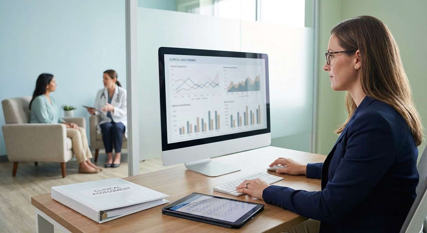 یک محقق در حال تحلیل داده‌های آماری روی صفحه کامپیوتر که نمودارهای روند را نشان می‌دهد.