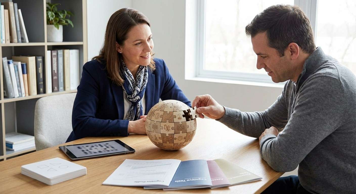 کره زمین به شکل یک پازل که قطعات آن با نمادهای فرهنگی مختلف تزئین شده و یک قطعه گمشده در حال قرار گرفتن است، نماد چالش سنجش هوش جهانی.