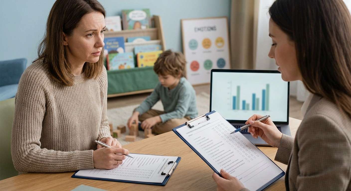 مادری که با چهره‌ای متفکر و نگران در حال پر کردن پرسشنامه رفتار کودک (CBCL) روی میز است و فرزندش در پس‌زمینه مشغول بازی است.