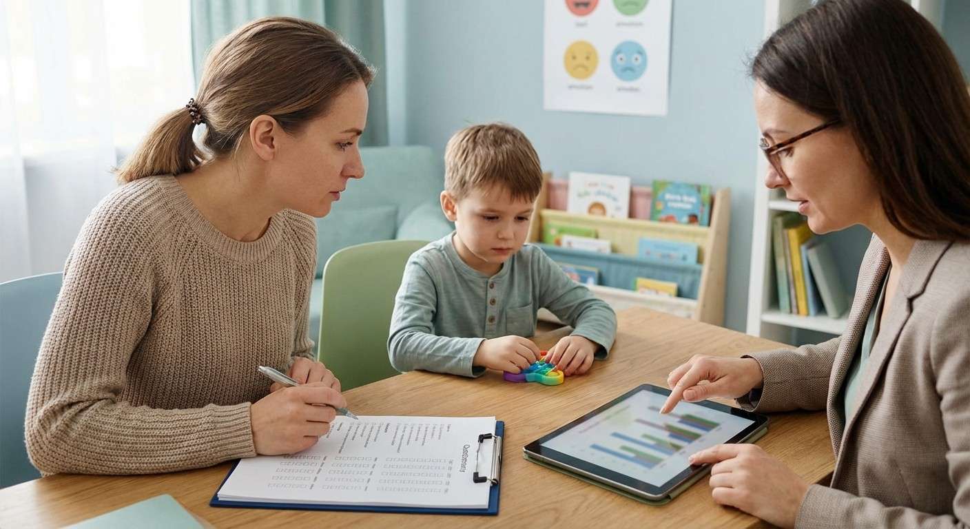 والدینی که با نگرانی در حال تکمیل یک پرسشنامه درباره رفتار فرزندشان هستند.