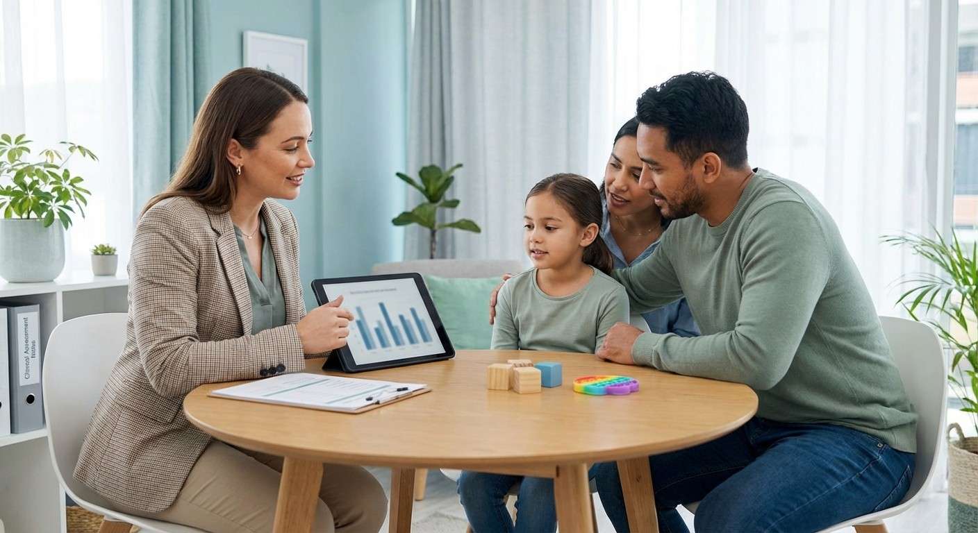 یک روانشناس کودک در حال گفتگو با یک کودک و والدینش برای ارزیابی جامع سلامت روان در یک محیط دوستانه.