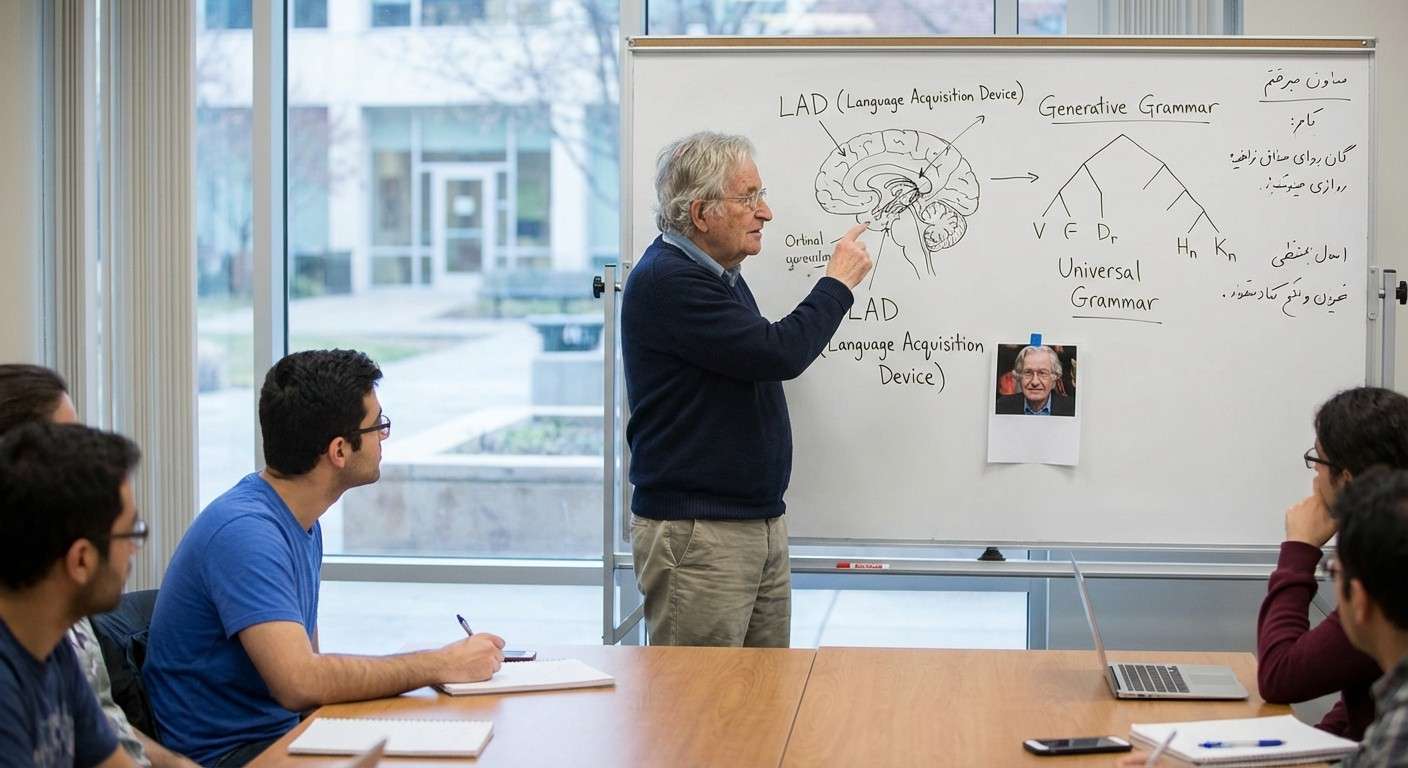 تصویری مفهومی از نوام چامسکی و نظریه زبان ذاتی که ساختار مغز را به عنوان پایه زبان نشان می‌دهد.