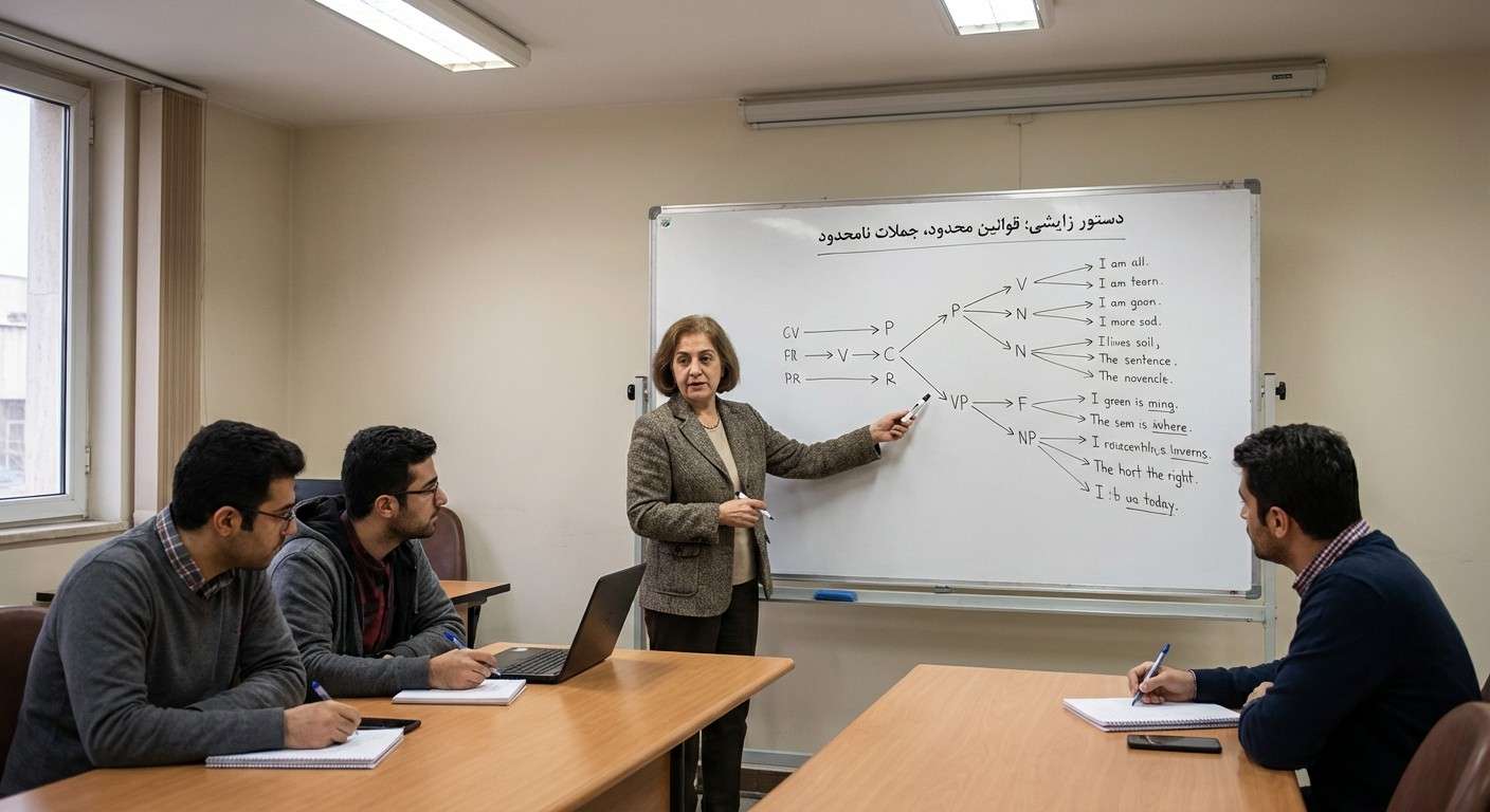 نموداری ساده که نشان می‌دهد چگونه قوانین محدود دستور زایشی می‌توانند جملات نامحدود تولید کنند.