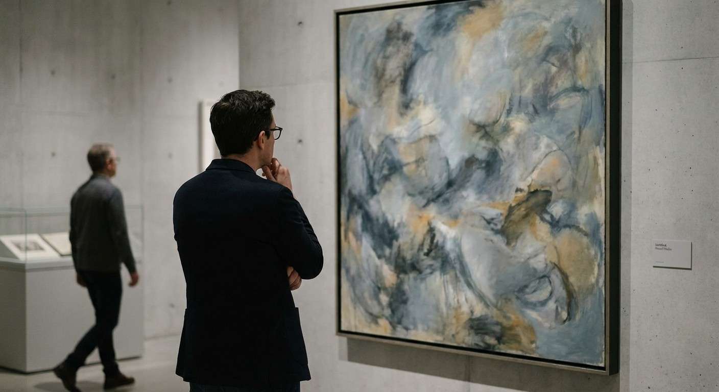 فردی که در یک گالری هنری با تمرکز به یک نقاشی انتزاعی نگاه می‌کند و به نظر می‌رسد ارتباط عمیقی با آن برقرار کرده است.