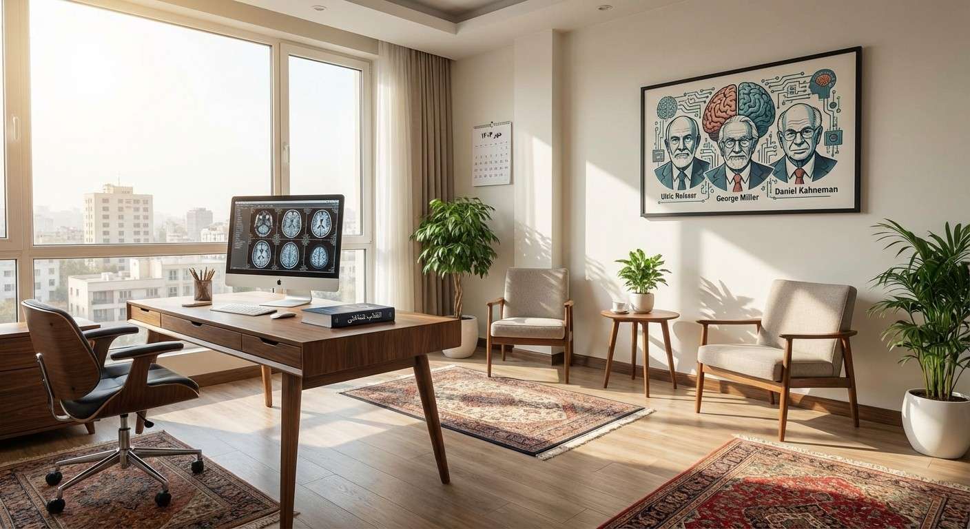 تصویر مفهومی انقلاب شناختی، با نمادهایی از مغز، کامپیوتر و چهره‌های نیسر، میلر و کانمن.