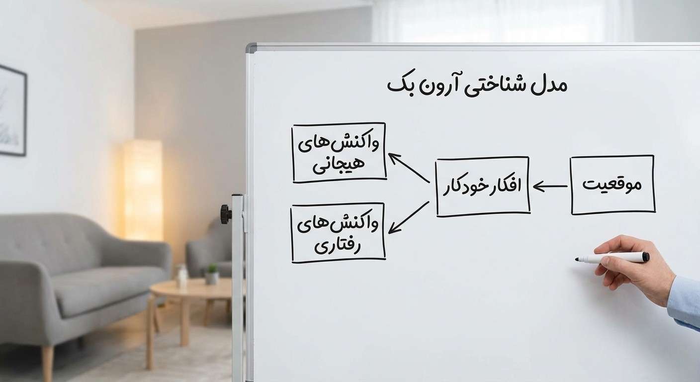 نمودار ساده مدل شناختی آرون بک که نشان می‌دهد یک موقعیت چگونه منجر به افکار خودکار، و سپس واکنش‌های هیجانی و رفتاری می‌شود.