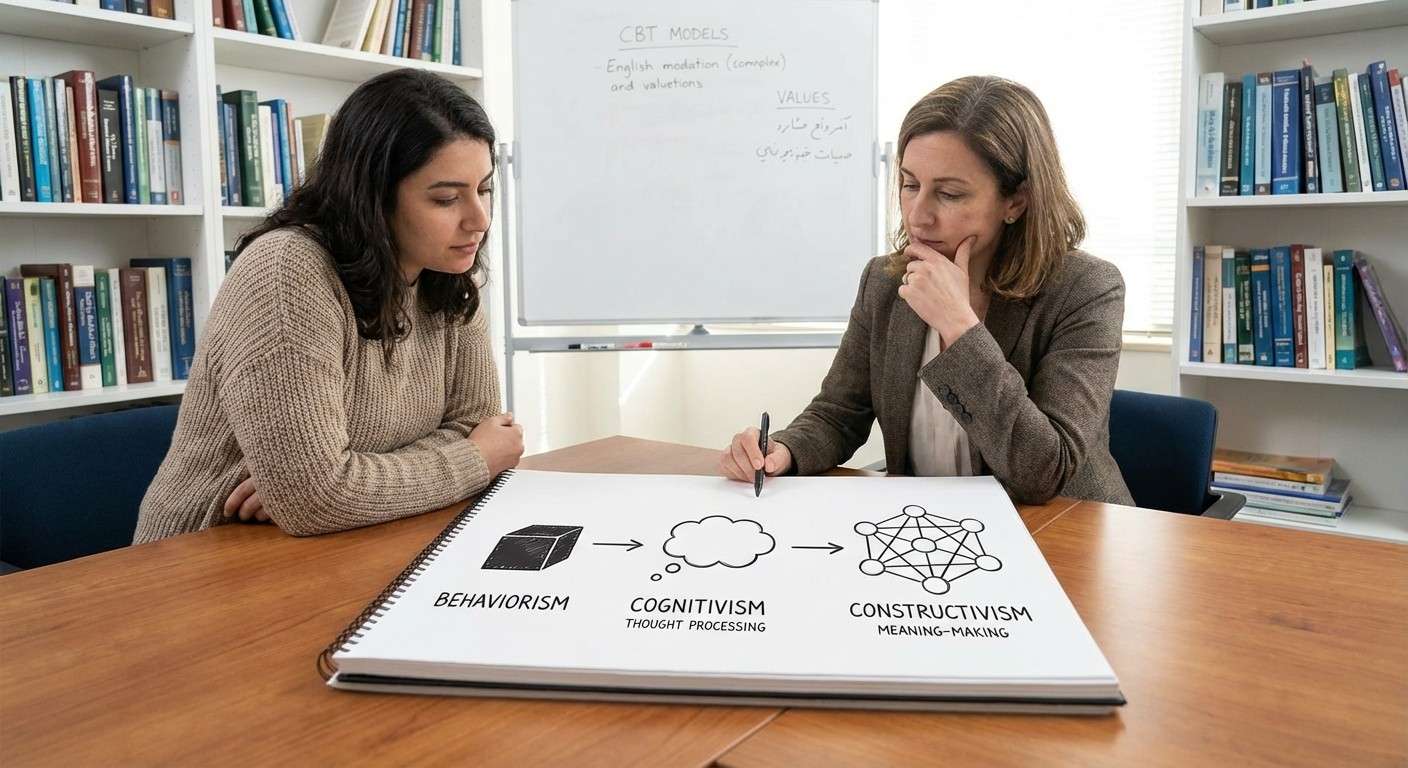 تصویری مفهومی که تکامل از رفتارگرایی (جعبه سیاه) به شناخت‌گرایی (پردازش فکر) و سپس به ساخت‌گرایی (ساختن معنا) را نشان می‌دهد.