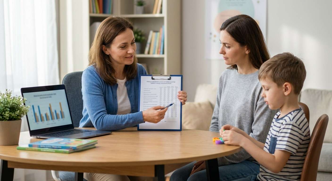 یک روانشناس کودک در حال صحبت با والد و فرزندش در یک اتاق مشاوره آرام، نمادی از ارزیابی جامع با مقیاس کانرز ۳.