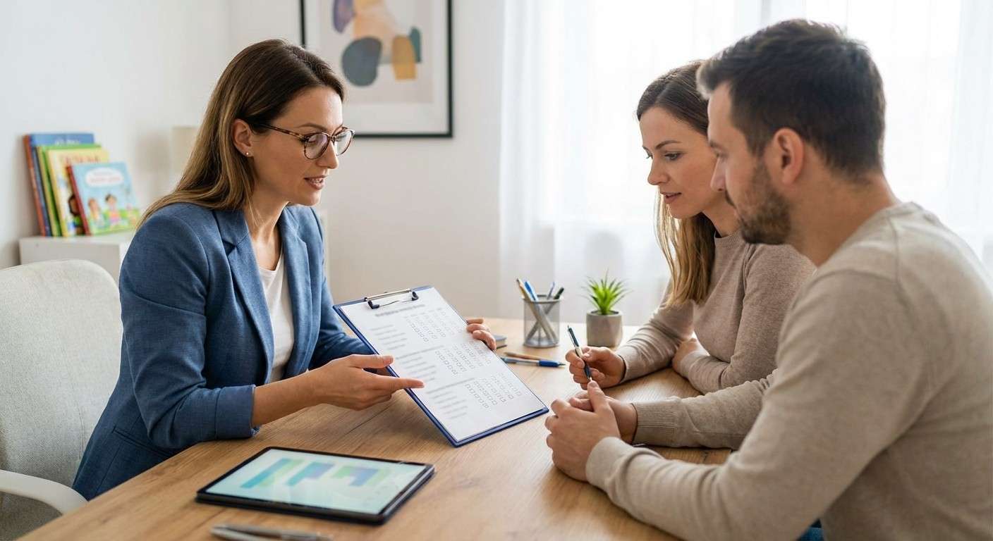 تصویری از یک روانشناس که در حال بررسی فرم‌های ارزیابی کودک با والدین است.