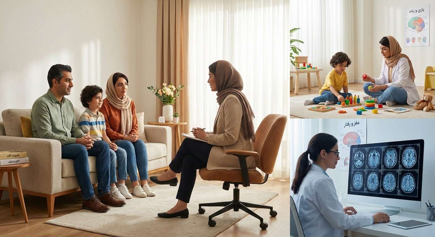 تصویری مفهومی که پویایی روان‌تحلیل معاصر را در زمینه‌های مختلف مانند خانواده، کودک و علوم اعصاب نشان می‌دهد.