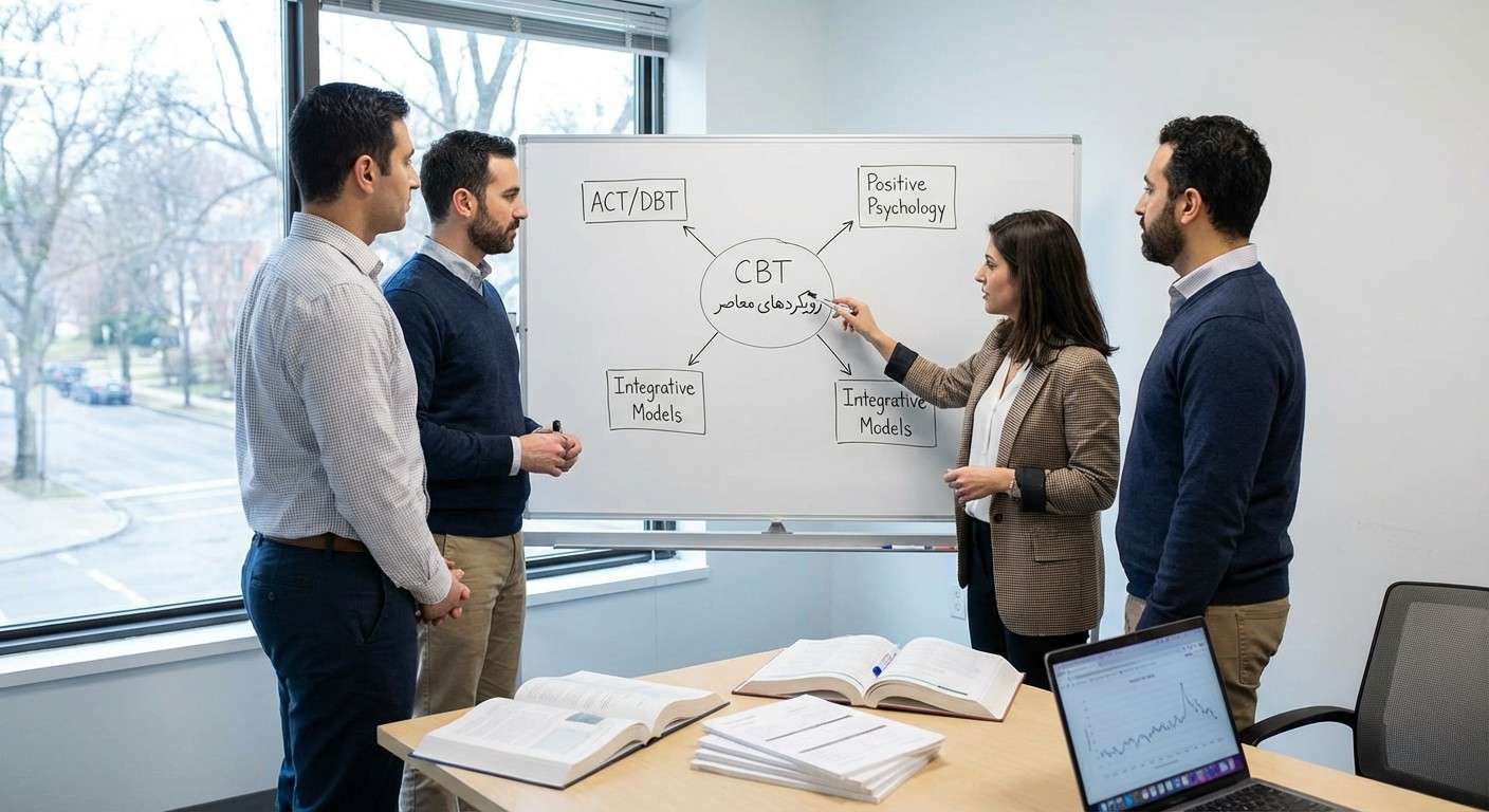 نقشه راهنمای رویکردهای مختلف روان‌درمانی معاصر شامل CBT، مثبت‌نگر و تلفیقی.
