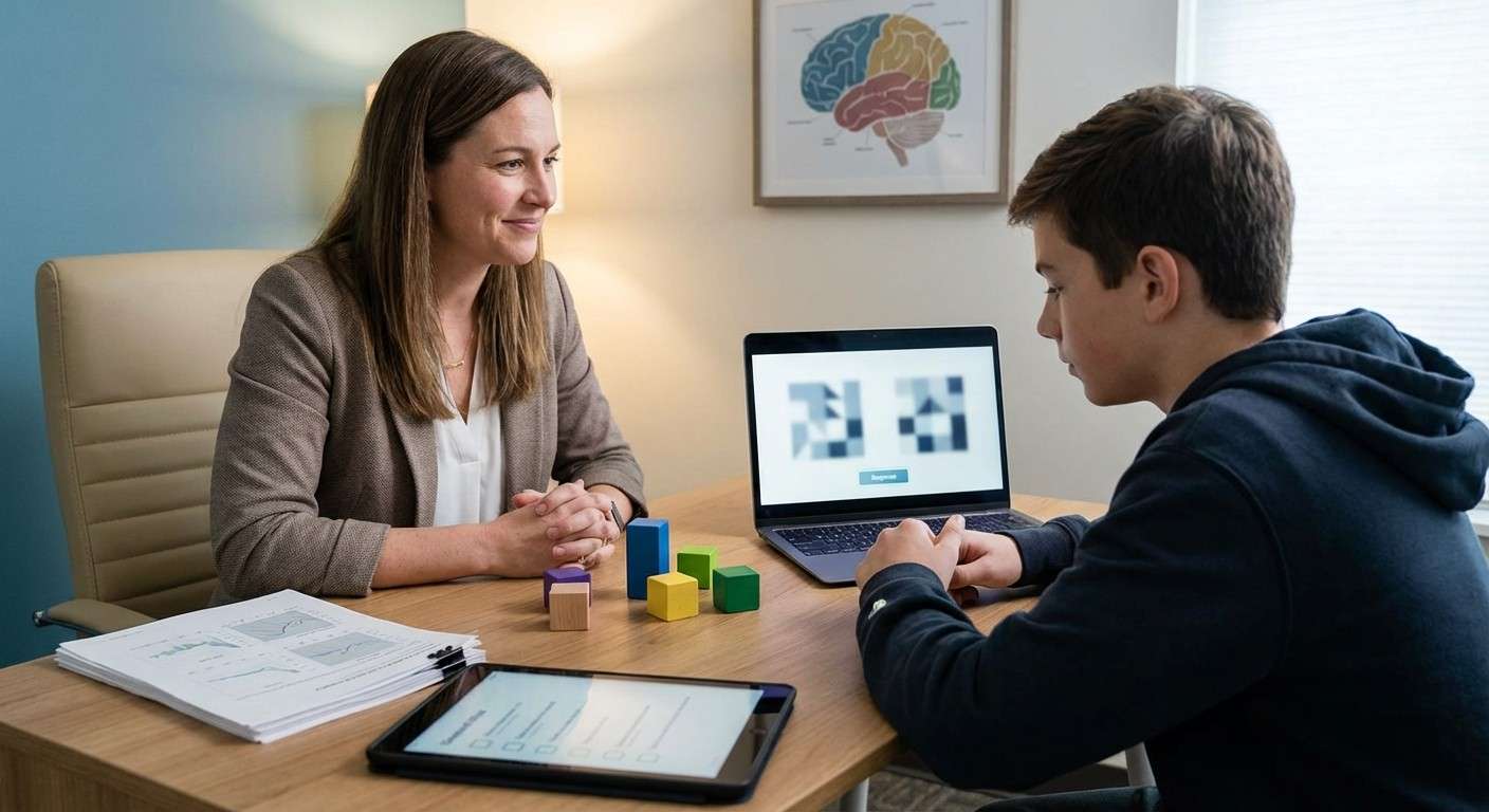 مفهوم آزمون عملکرد مداوم (CPT) با نمایش فردی که روی صفحه کامپیوتر برای سنجش توجه پایدار و تکانشگری تمرکز کرده است.