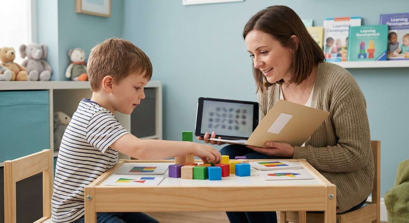 یک روانشناس با لبخند در حال کار با یک کودک بر روی یک تکلیف تصویری در محیطی آرام و حمایتی.