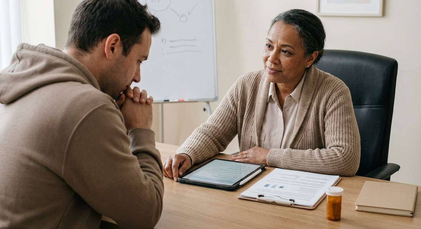 یک متخصص سلامت روان در حال صحبت با مراجع در یک محیط آرام و حمایتی.