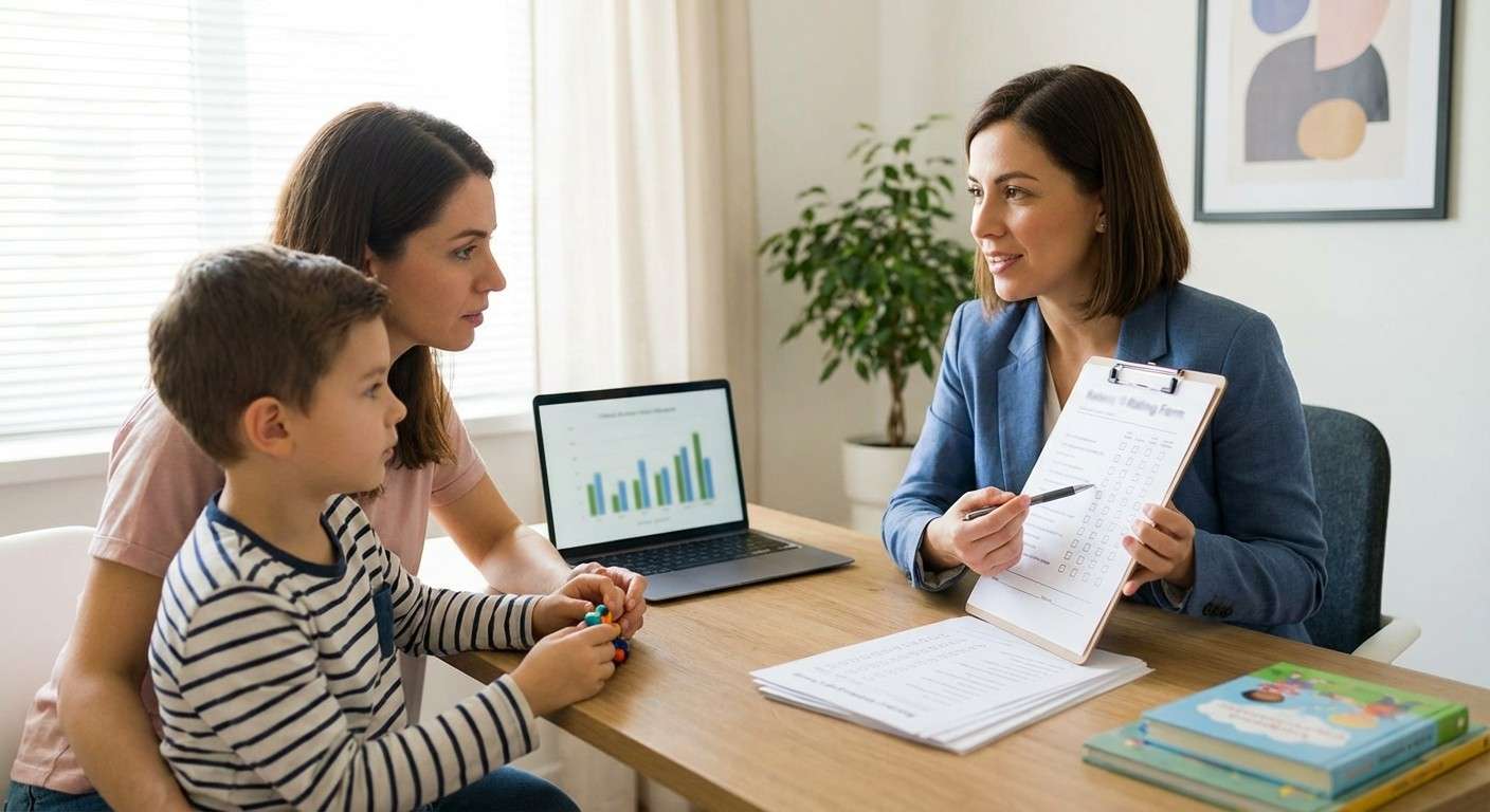 یک روانشناس در حال بررسی فرم DBDRS و صحبت با خانواده‌ای نگران، که نماد ارزیابی تخصصی رفتارهای مخرب است.