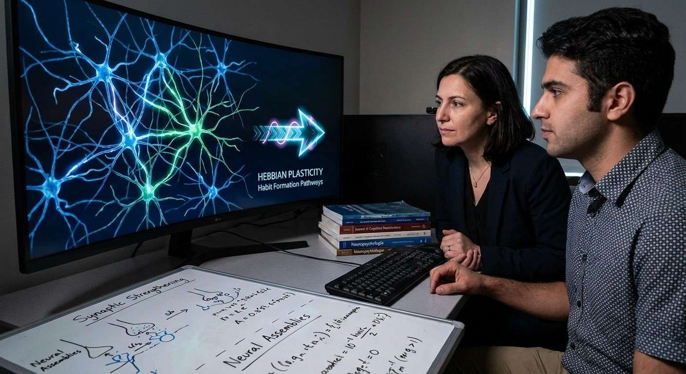 تصویری مفهومی از سیم‌کشی نورون‌ها در مغز که نشان‌دهنده شکل‌گیری عادت‌ها بر اساس قانون هب است.