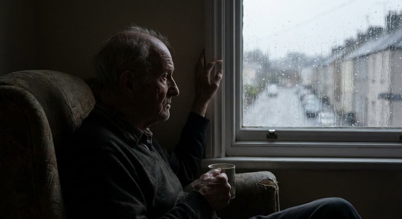 چهره یک سالمند تنها و متفکر که از پنجره به بیرون نگاه می‌کند، نمادی از افسردگی پنهان در دوران سالمندی.