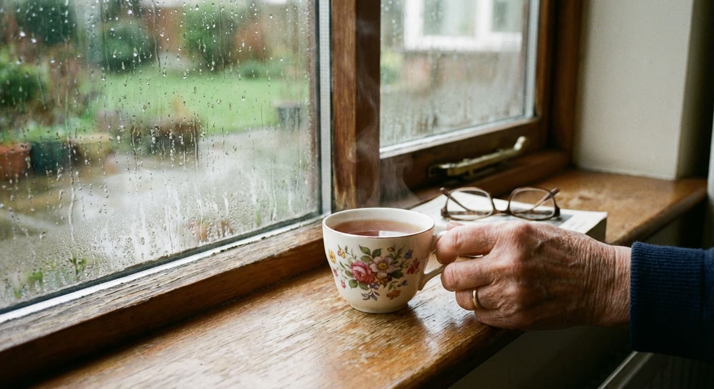 یک فنجان چای در کنار پنجره بارانی، نمادی از تنهایی و فکر کردن در دوران سالمندی.