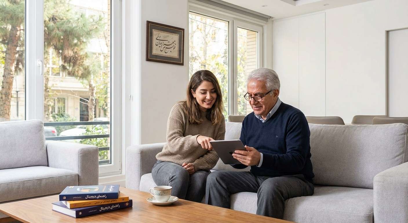 نوه جوانی که با لبخند و صبوری در حال آموزش استفاده از تبلت به پدربزرگش است.