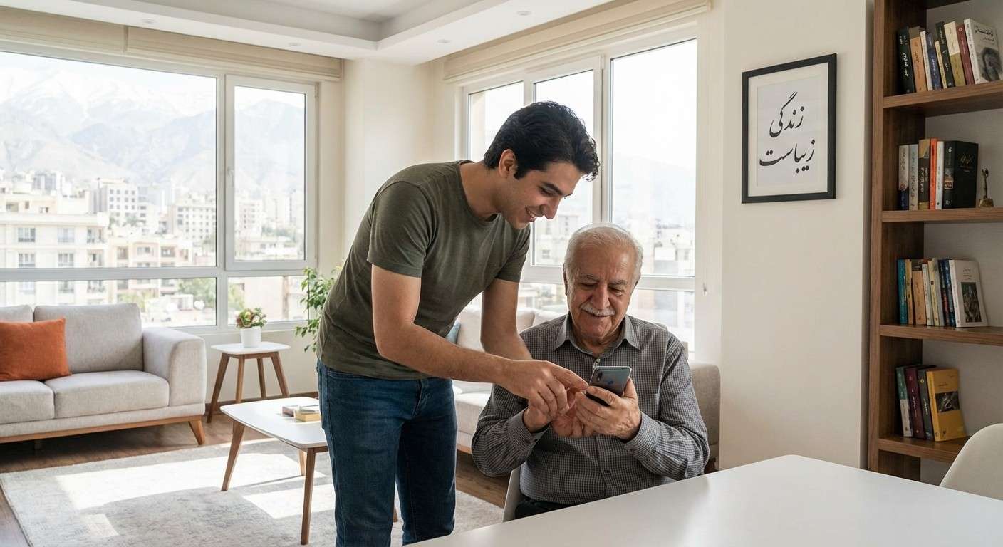 دست یک جوان که با مهربانی دست یک سالمند را روی صفحه لمسی گوشی هدایت می‌کند.