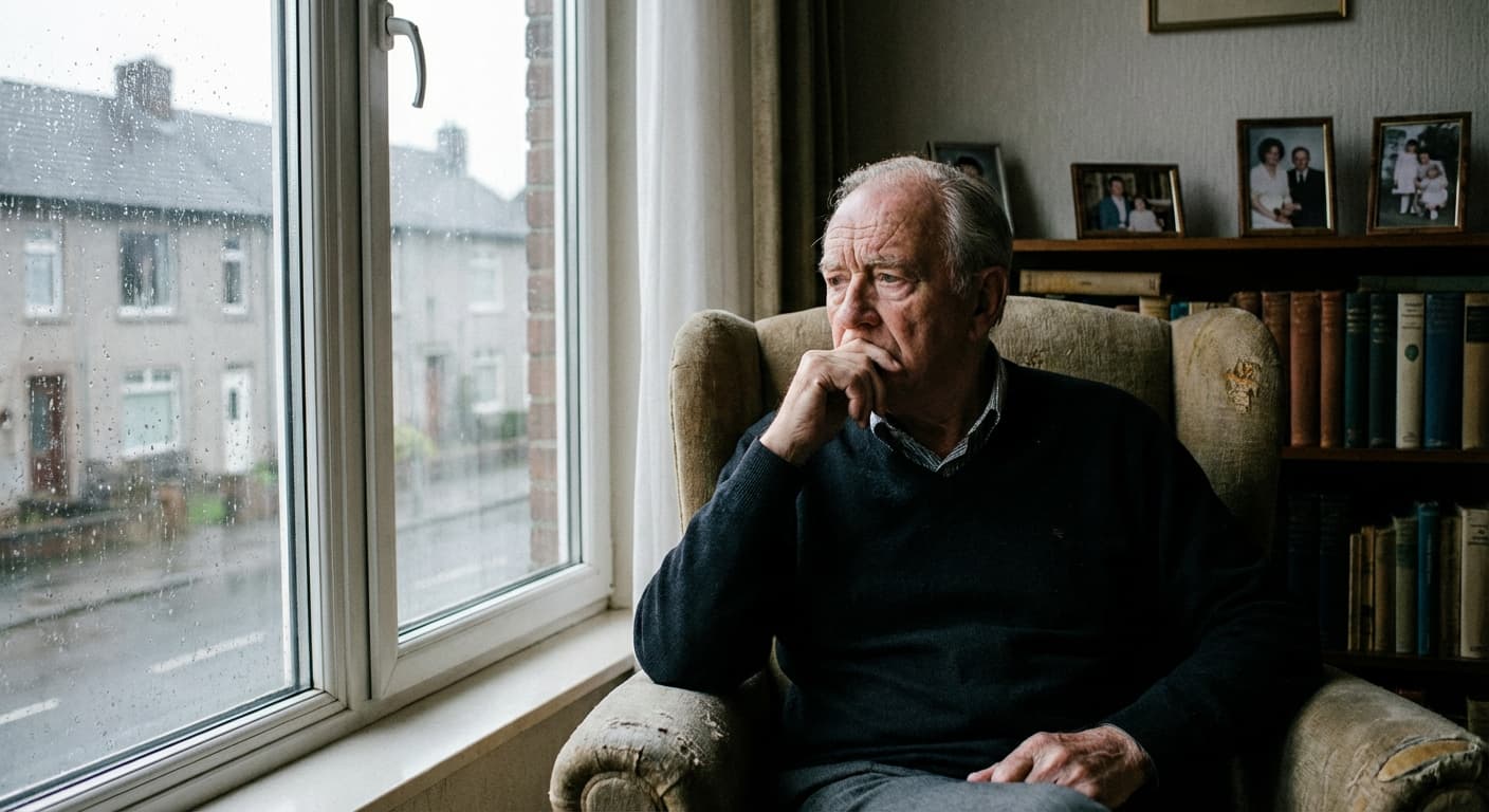 سالمندی که پشت پنجره به فکر فرو رفته و نمادی از نگرانی‌های پنهان دوران سالمندی است.