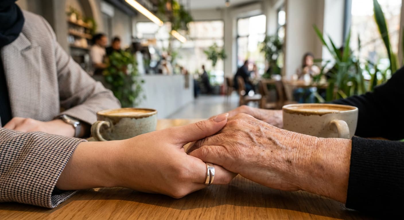 دستی جوان دست چروکیده سالمندی را به گرمی گرفته است که نماد حمایت و همدلی است.