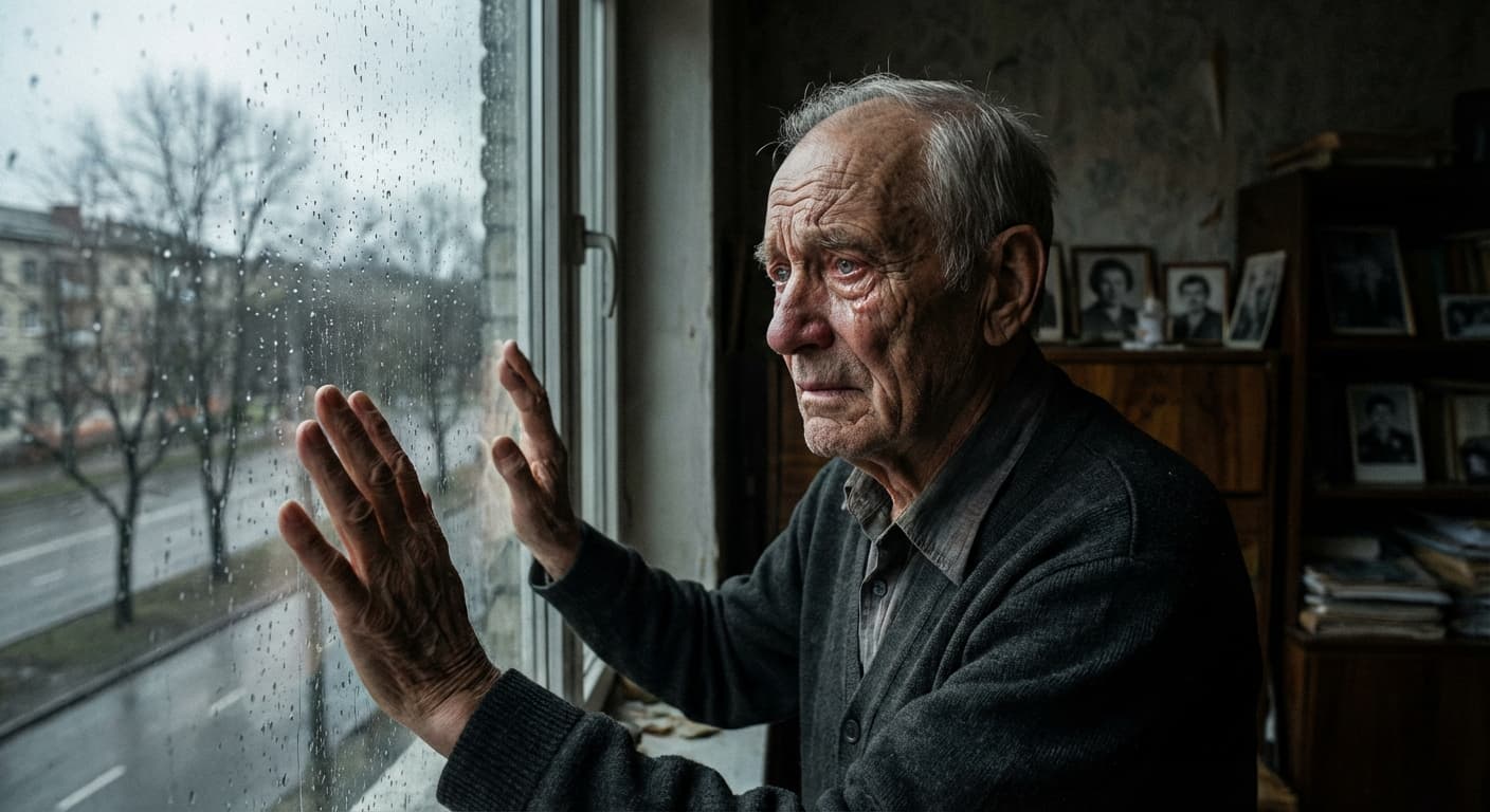 سالمندی که از پنجره به بیرون نگاه می‌کند و در چهره‌اش احساس تنهایی و انزوا دیده می‌شود.