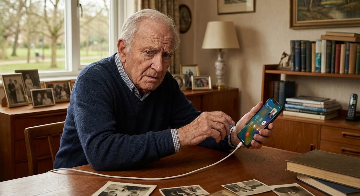سالمندی که با نگاهی مردد به یک گوشی هوشمند نگاه می‌کند.
