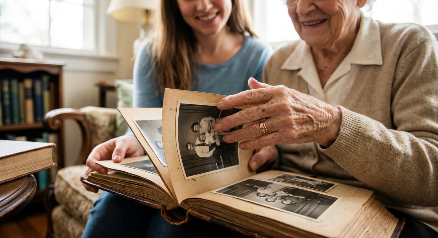 دست‌های یک جوان و یک سالمند که در حال ورق زدن یک آلبوم عکس قدیمی هستند.