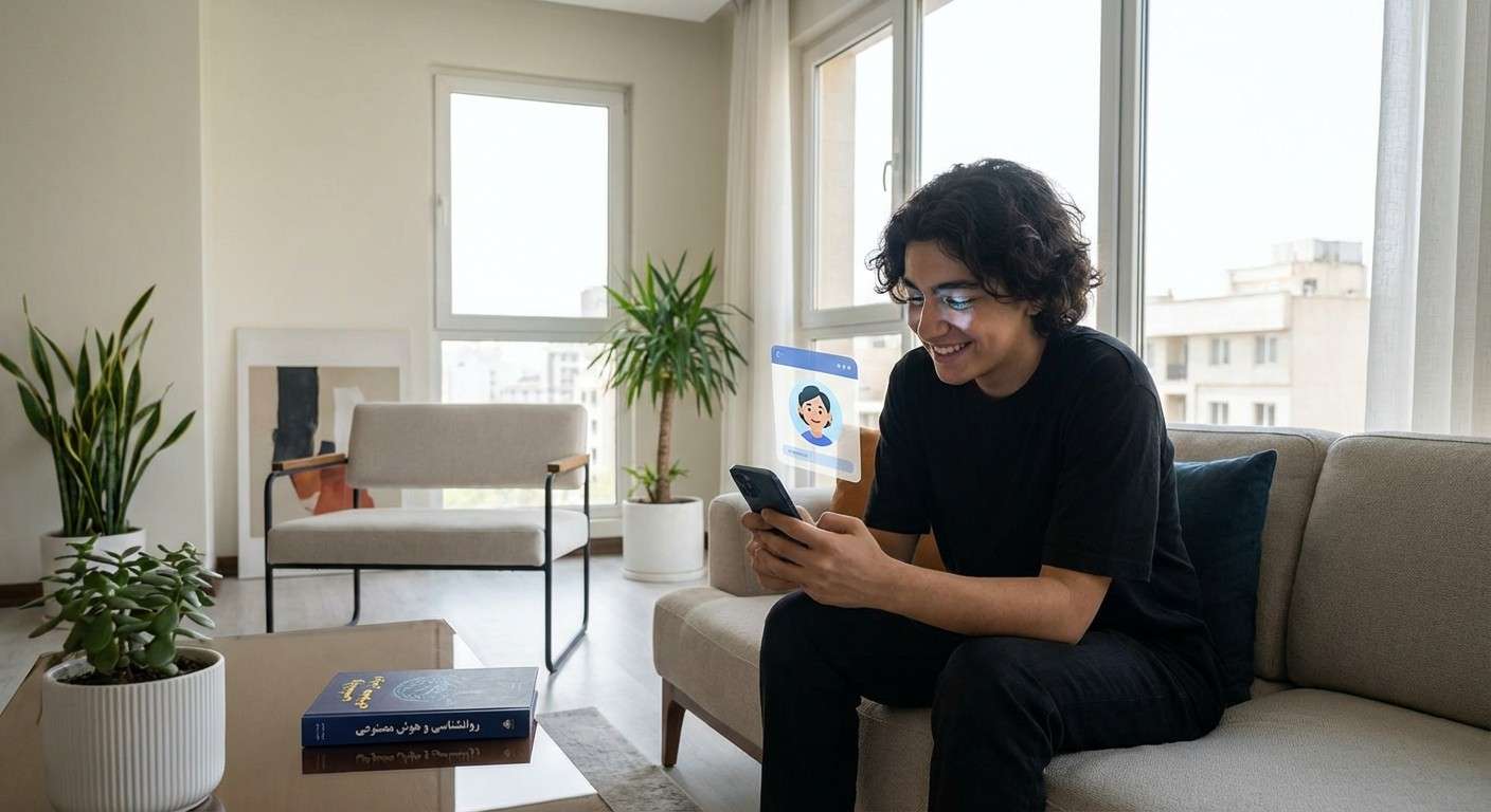 نوجوانی که با نگاهی عمیق به گوشی هوشمند خود لبخند می‌زند و انعکاس یک ربات چت در چشمانش دیده می‌شود، نمادی از رابطه عاطفی با هوش مصنوعی.