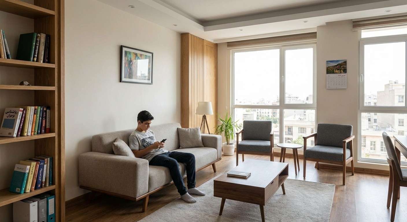 نوجوانی که با ناراحتی به صفحه گوشی خود خیره شده و از دنیای اطرافش غافل است.