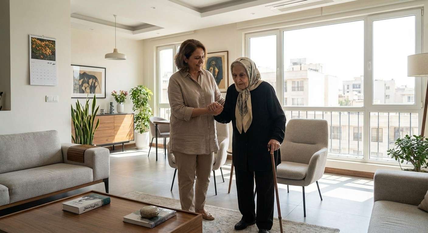 یک فرزند بالغ با مهربانی دست والد سالمند خود را گرفته و از او حمایت می‌کند، در حالی که به استقلال او احترام می‌گذارد.