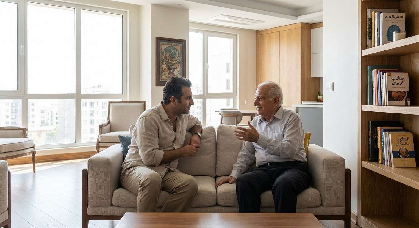 فرزند بالغی که با احترام و توجه به صحبت‌های پدر سالمندش گوش می‌دهد و به او حق انتخاب می‌دهد.