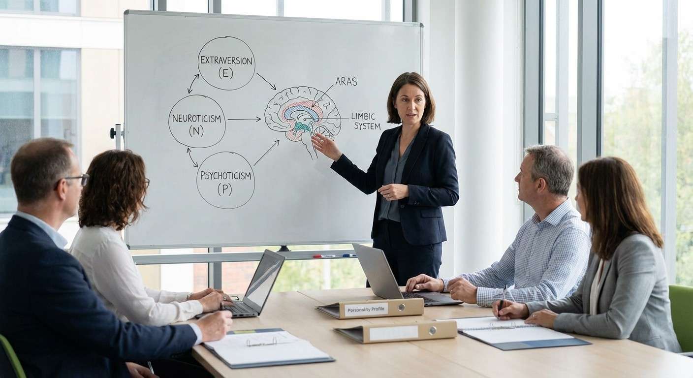 تصویر مفهومی مدل سه عاملی شخصیت آیزنک که سه بعد اصلی آن و ارتباطشان با ساختارهای مغز را نشان می‌دهد.