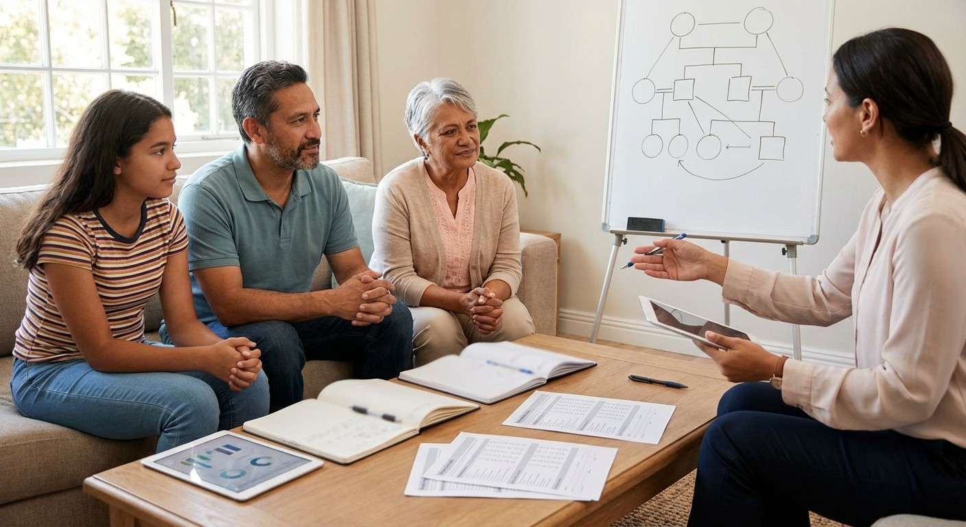 تصویری نمادین از یک خانواده که مانند چرخ‌دنده‌های یک ماشین در حال تعامل با یکدیگر هستند، نشان‌دهنده نگاه سیستمی به کارکرد خانواده.