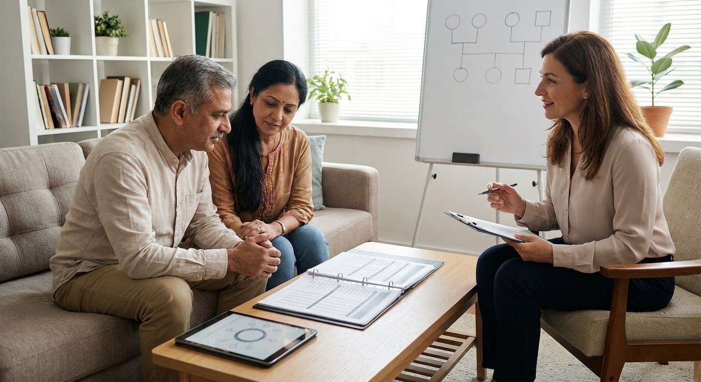 نمودار مفهومی مدل مک‌مستر که شش بعد کارکرد خانواده (حل مسئله، ارتباط، نقش‌ها، پاسخ‌دهی عاطفی، درگیری عاطفی و کنترل رفتار) را نشان می‌دهد.