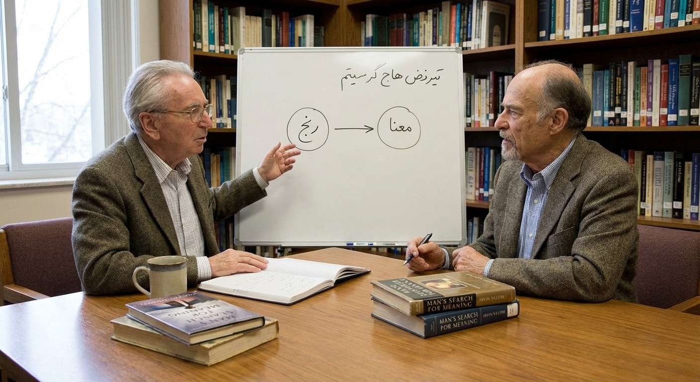 تصویر مفهومی از ویکتور فرانکل و اروین یالوم که به مسیری از رنج به سوی معنا اشاره می‌کنند.