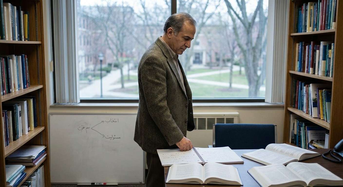 فردی که بر سر یک دوراهی ایستاده و به مسیرهای نامشخص پیش رو نگاه می‌کند، نماد آزادی و مسئولیت انتخاب.