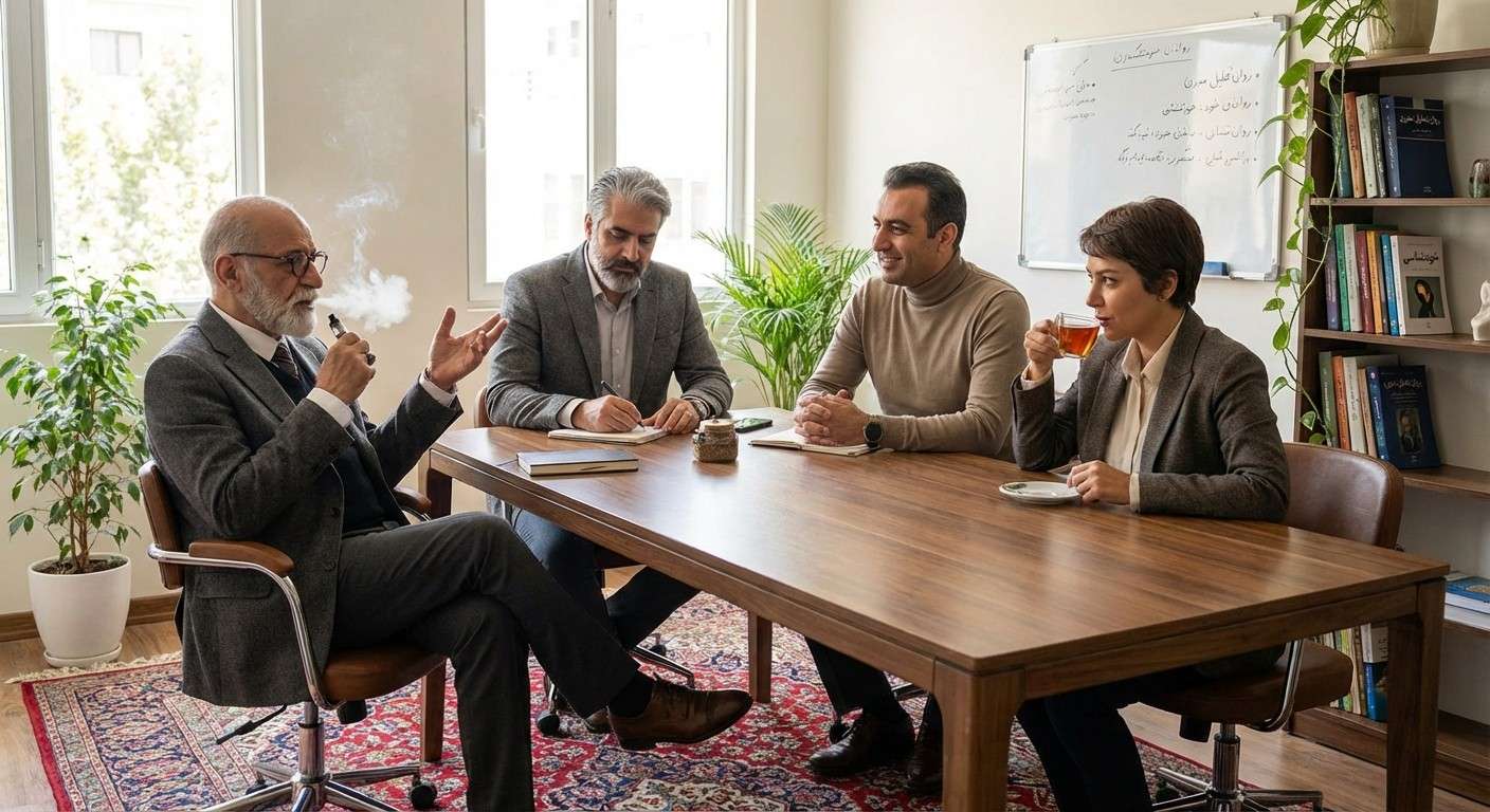 تصویری مفهومی از بنیان‌گذاران روان‌تحلیل، شامل فروید، یونگ، آدلر و هورنای.