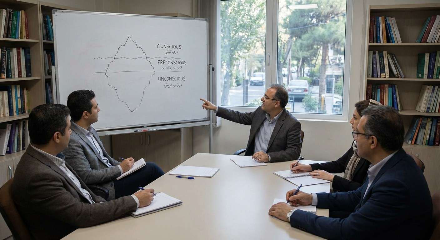 تصویری مفهومی از کوه یخ که ذهن آگاه و ناهشیار را طبق نظریه فروید نشان می‌دهد.