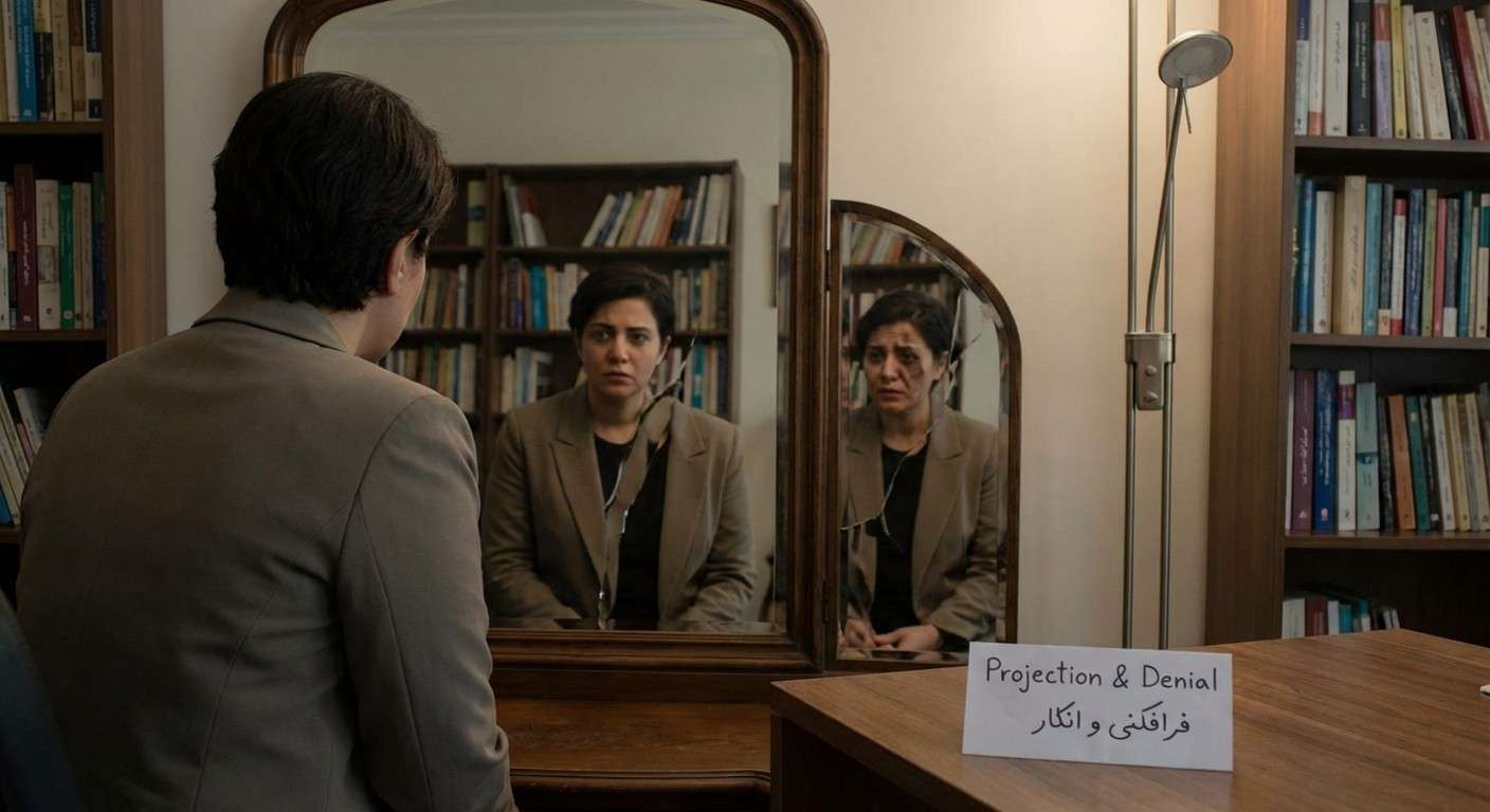 فردی که در آینه به خود نگاه می‌کند اما تصویری متفاوت از خود می‌بیند که نماد فرافکنی و انکار است.