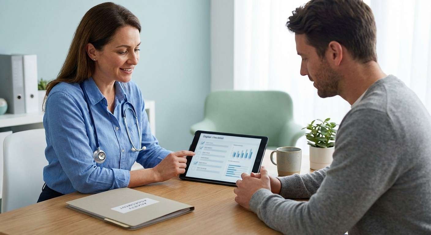 یک پزشک در حال بررسی یک چک‌لیست کوتاه با بیمار خود در محیطی دوستانه و حمایتی.