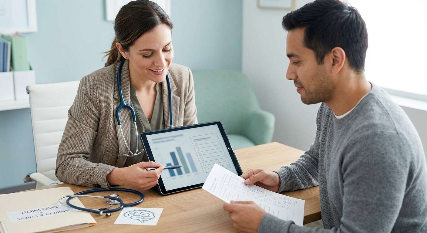 نمادی از ادغام سلامت روان در مراقبت‌های اولیه پزشکی، مانند یک استتوسکوپ در کنار نماد مغز.