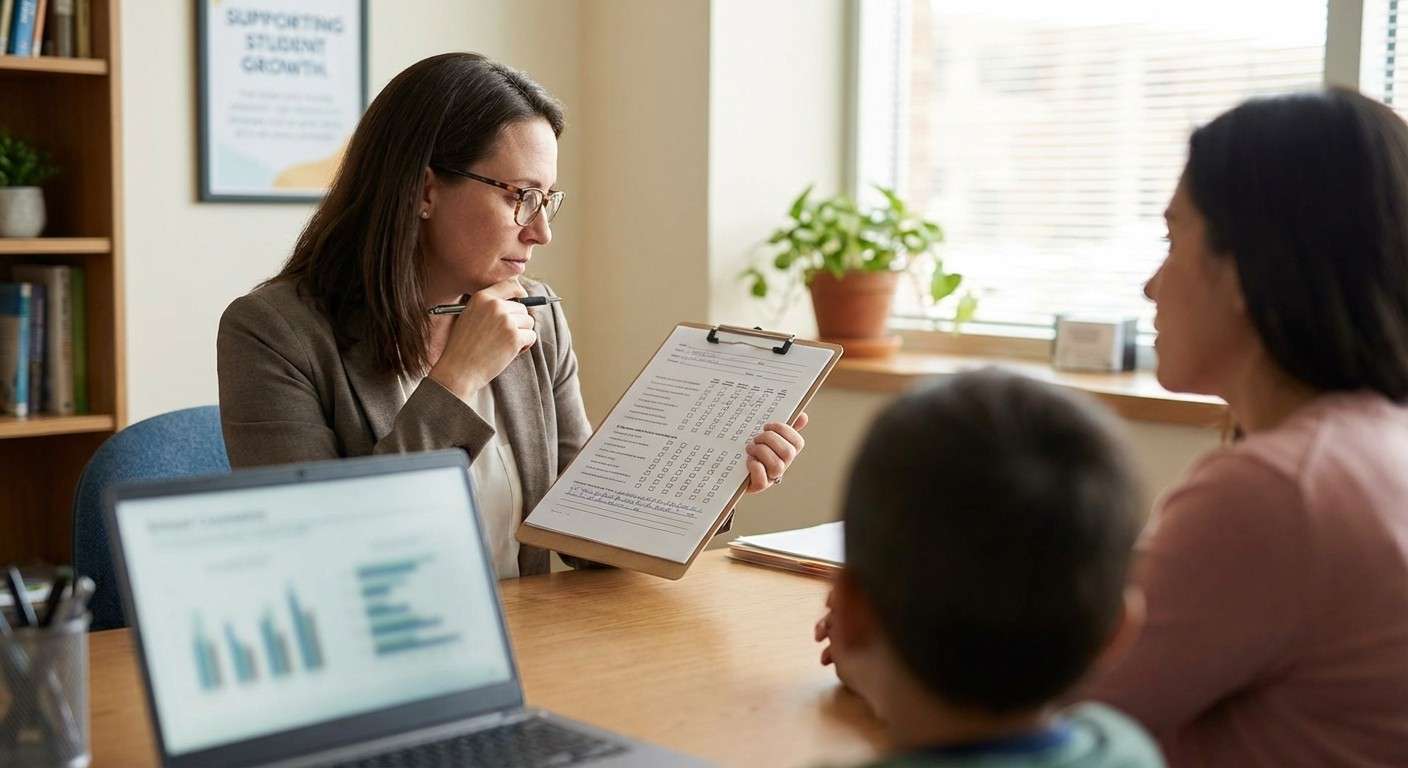 یک مشاور مدرسه در حال بررسی پرسشنامه تکمیل‌شده GARS-3 برای یکی از دانش‌آموزان در دفتر کارش.