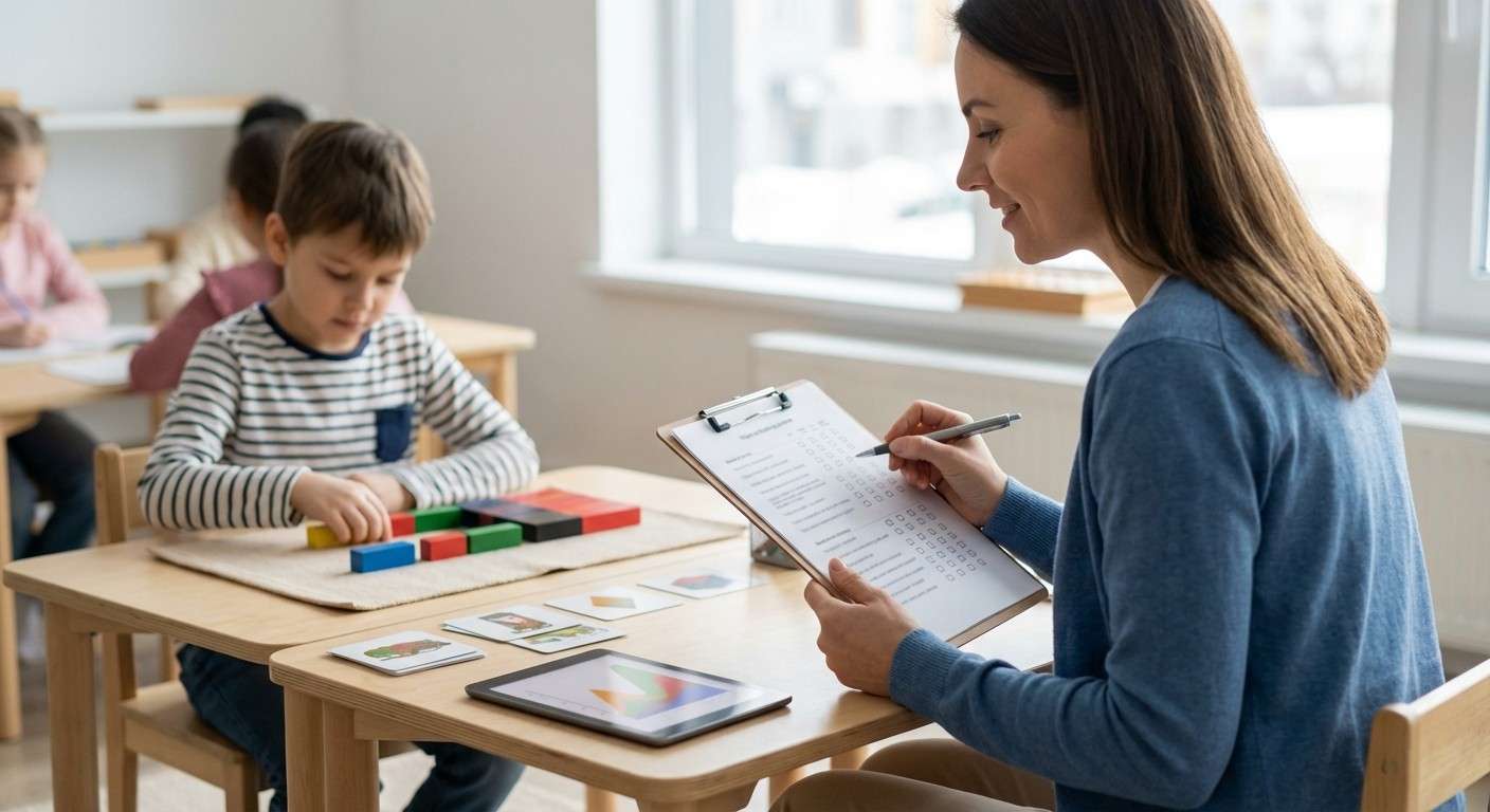 یک معلم در حال مشاهده و تکمیل یک چک‌لیست رفتاری برای دانش‌آموز در محیط کلاس درس، نمادی از کاربرد GARS-3.